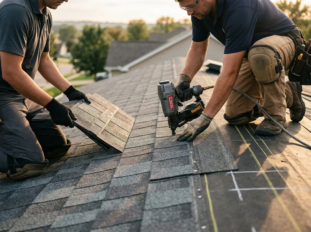 Professional roofer working on a residential roof in Pasadena